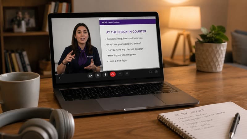 Clase online de inglés para turismo, con vocabulario para el check-in del aeropuerto en pantalla
